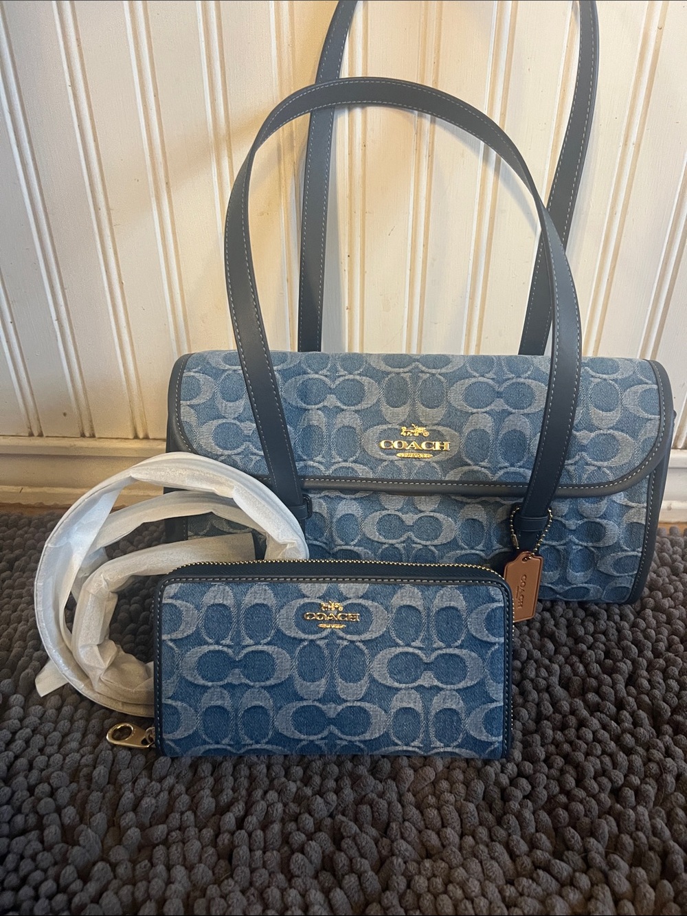 Coach Bridget Flap Denim Signature Shoulder Bag and Wallet